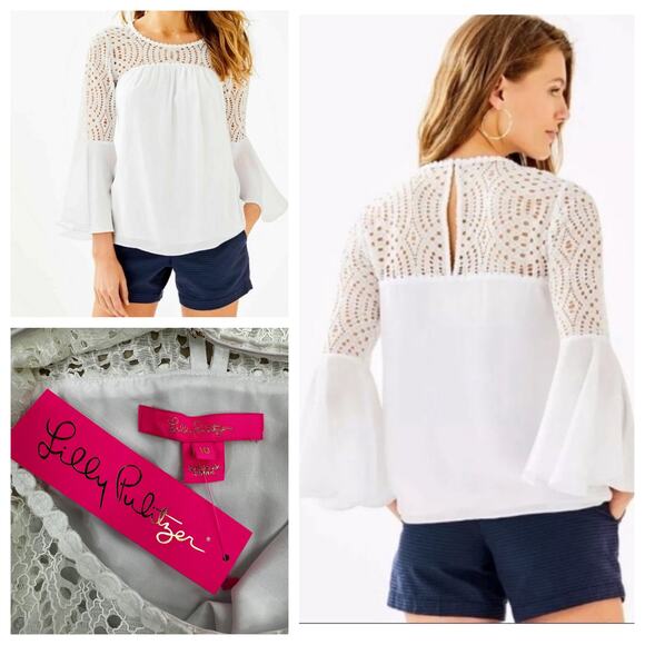 Lilly Pulitzer Tops - NWT Lilly Pulitzer Amenna Flounce Sleeve Top Sz 10 Resort White Lace Yoke Eyelet